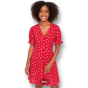Madewell 6 Red 100% Silk Floral Lilies Dress Ruffle Sleeve Lined Fit & Flare Zip